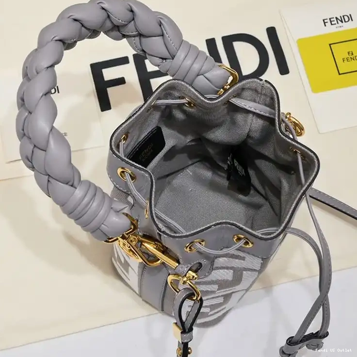 Cheap HOT In Bucket FF Tresor Woven with Bag Motif Mon Mini Canvas Handle Grey Fendi 0514
